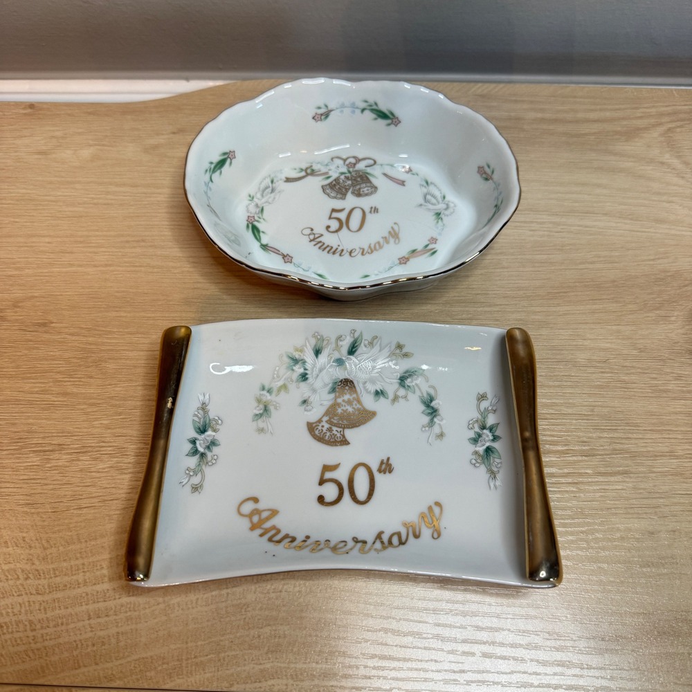 Vintage Lefton China 50th Anniversary Trinket Dish & Bowl Set Gold Trim Japan